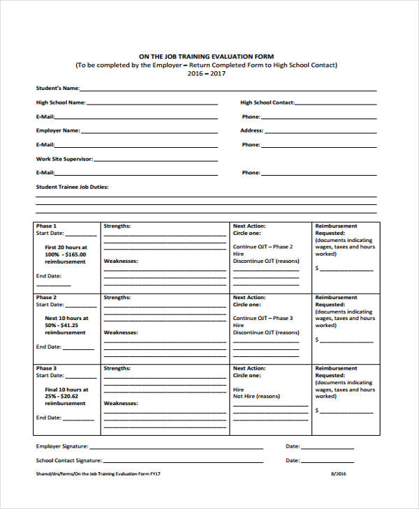 on job training evaluation form