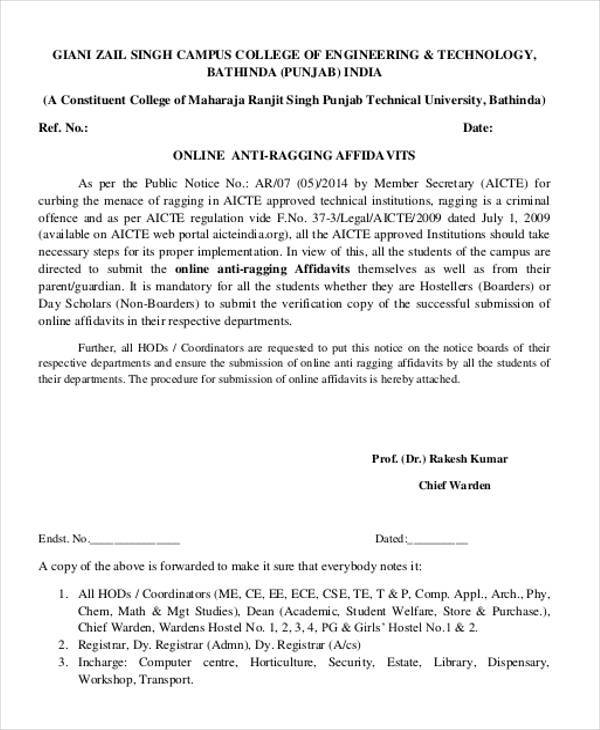 online anti ragging affidavit form