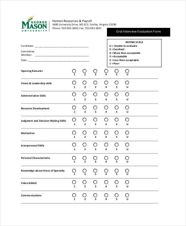 oral interview evaluation form