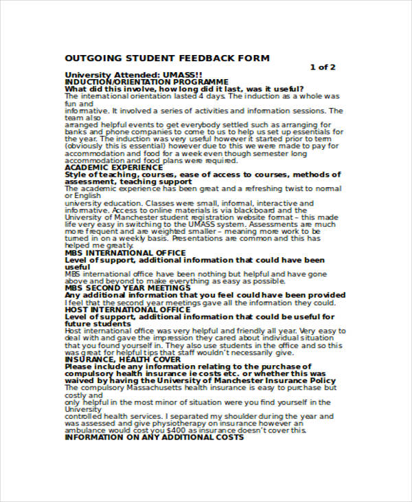 outgoing student feedback form