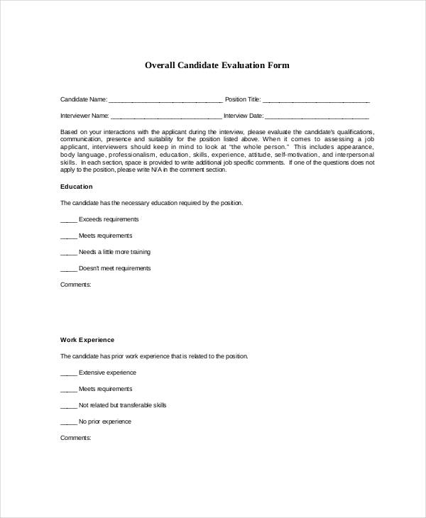 overall candidate interview evaluation form