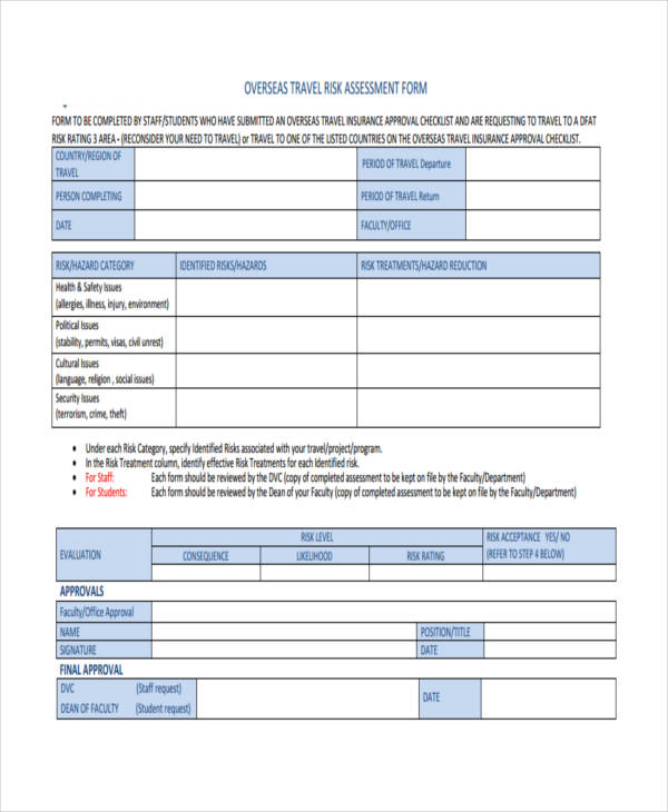 Travel Risk Assessment Form Download Printable Pdf Templateroller Images