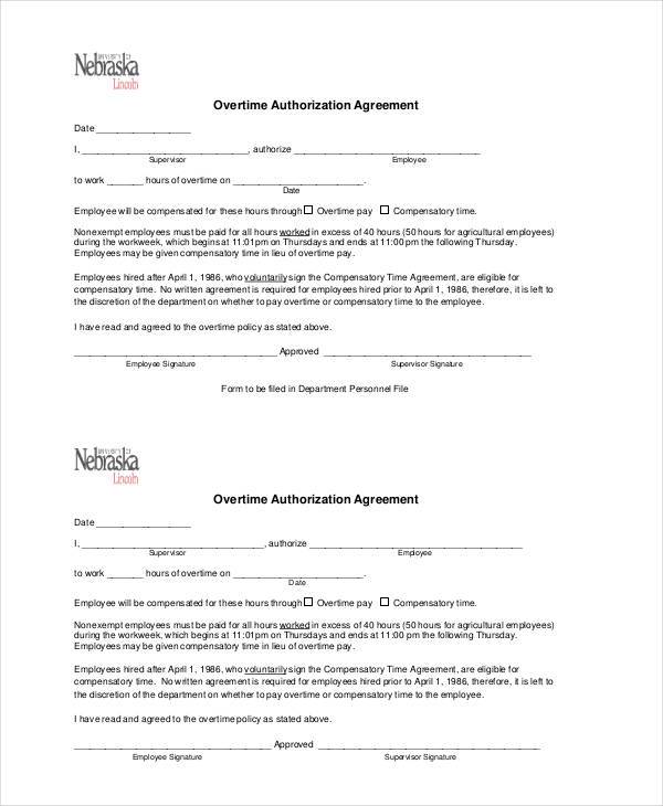 overtime authorization form agreement