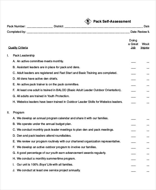 pack self assessment form