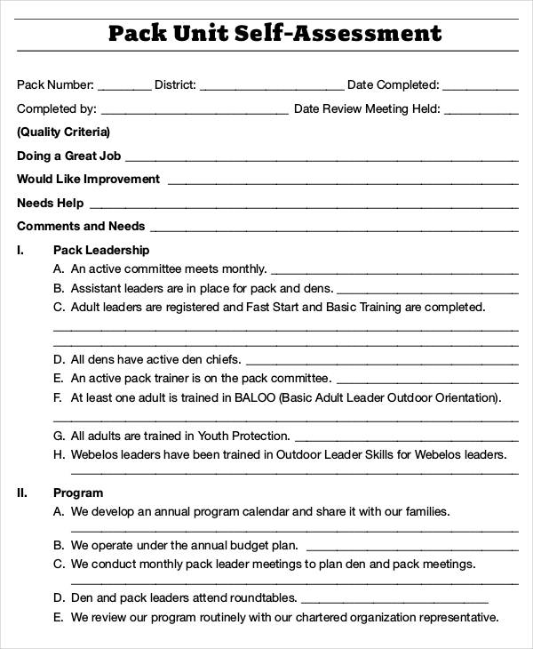 pack unit self assessment form