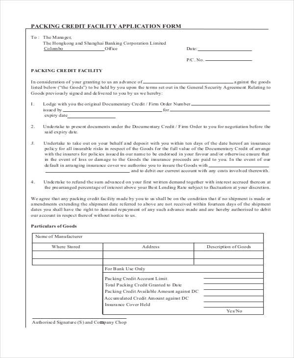 packing credit facility application form