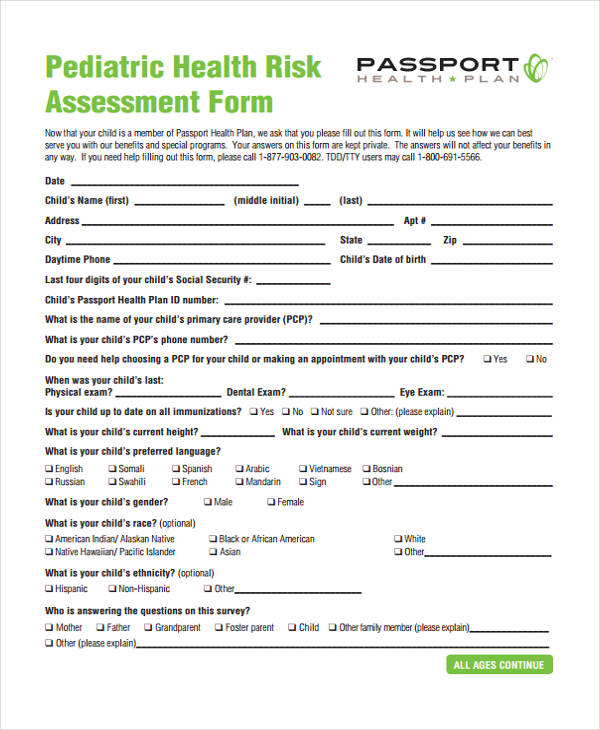 paediatric health risk assessment form