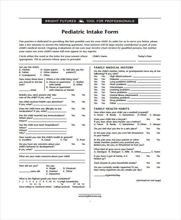 paediatric medical intake form