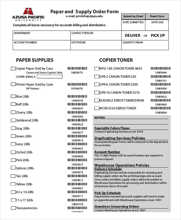 paper supply service order form