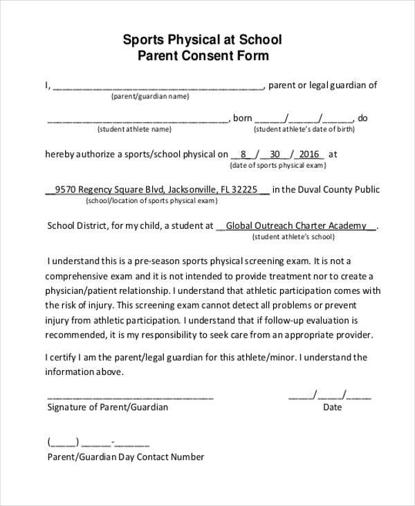 parent consent form for sports