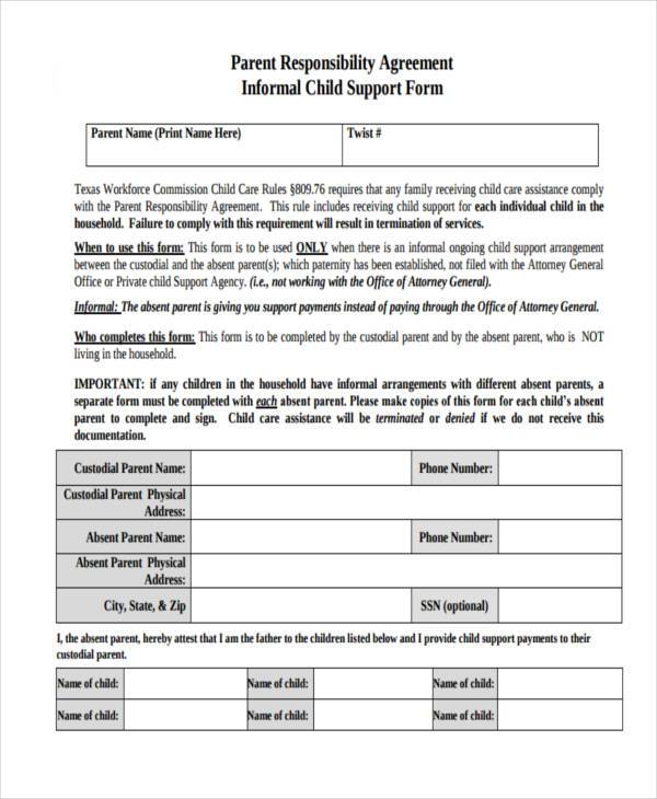 parent responsibility child support agreement form