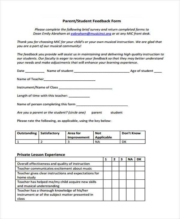 parent student teacher feedback form