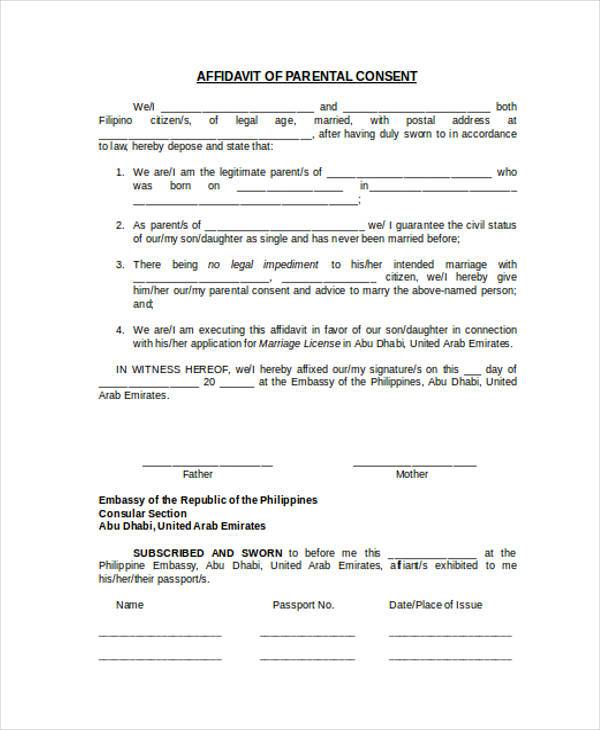 parental consent affidavit form