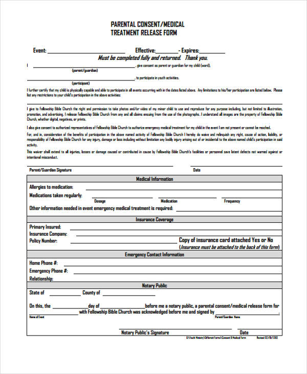 parental medical treatment release form
