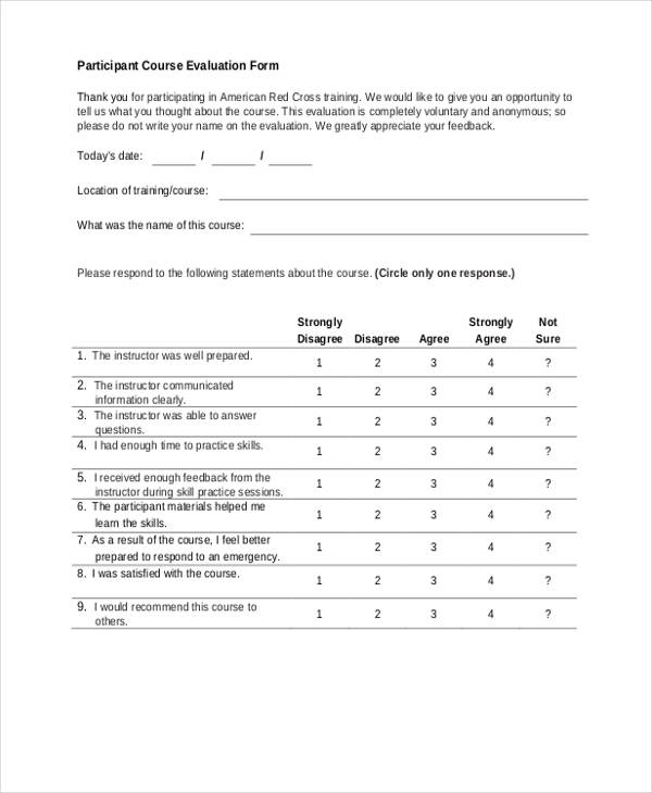 participant course training evaluation form