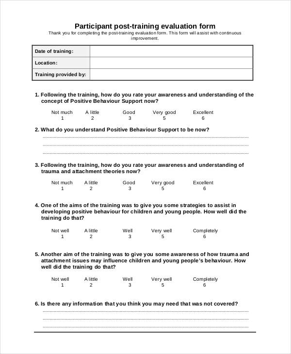 participant post training evaluation form