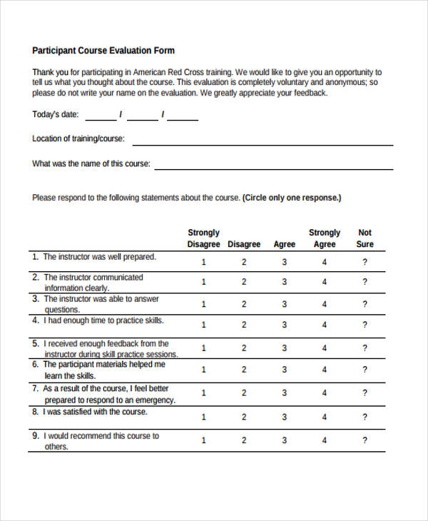 participant training course evaluation form