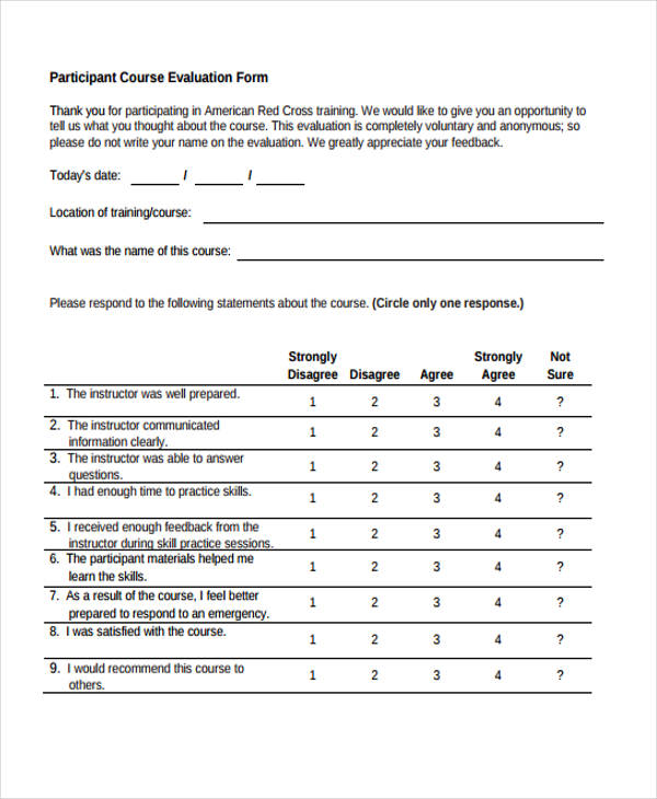 Printable Course Evaluation Form