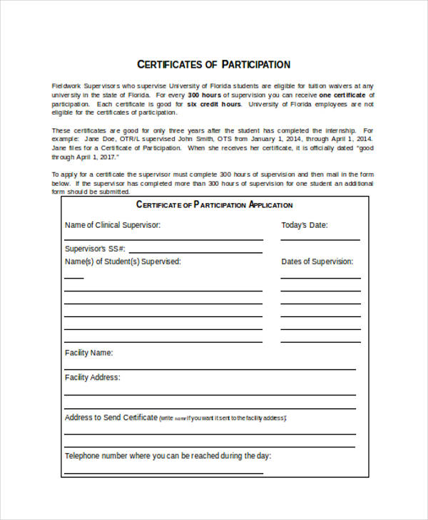 participation certificate form word format