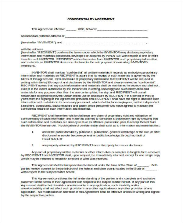 patent confidentiality agreement form