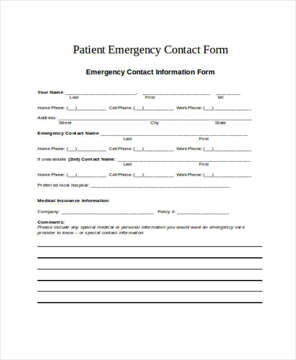 FREE 38+ Emergency Contact Form Samples, PDF, MS Word, Google Docs, Excel