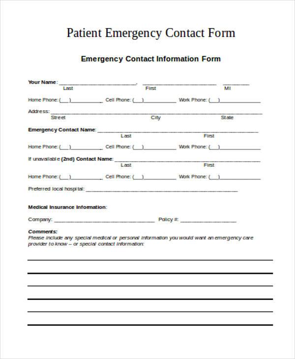 patient emergency contact information form