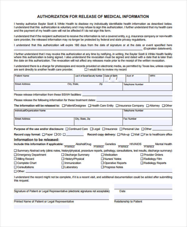 patient information medical release form