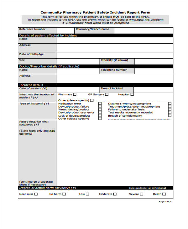 patient safety incident report form