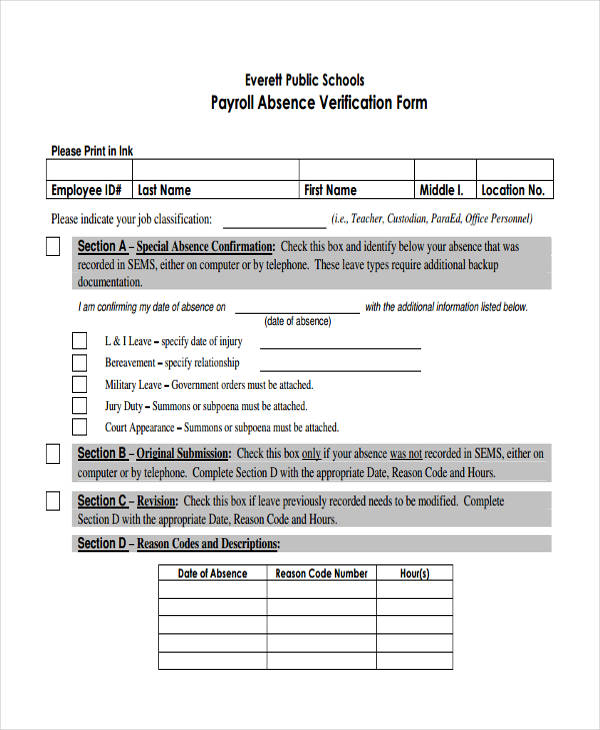 payroll absence verification form