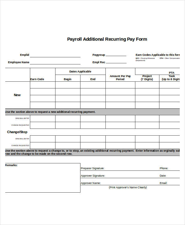 payroll additional recurring pay form