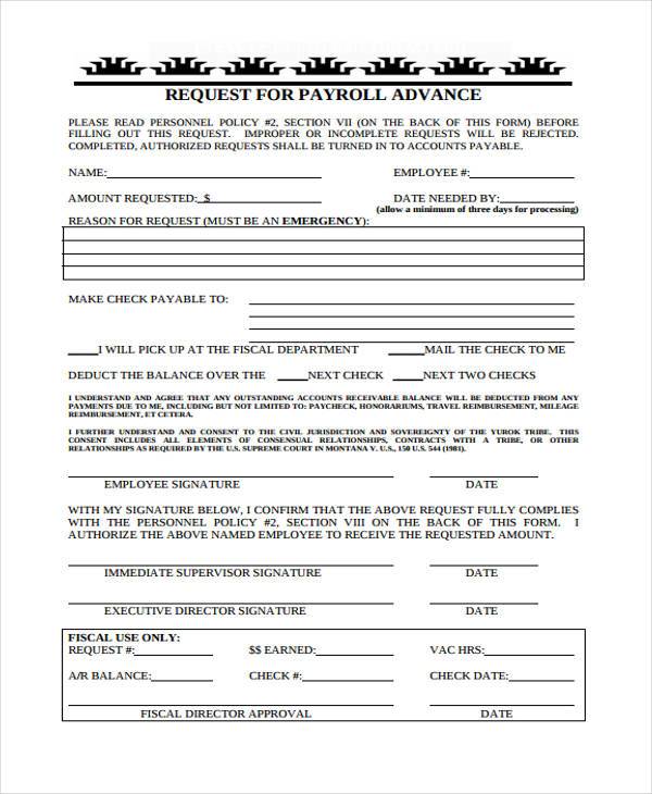 payroll advance request form sample