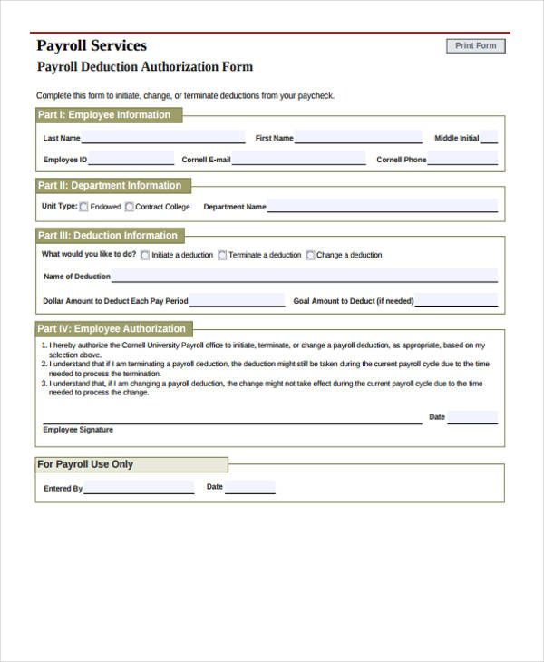 payroll deductions authorization form