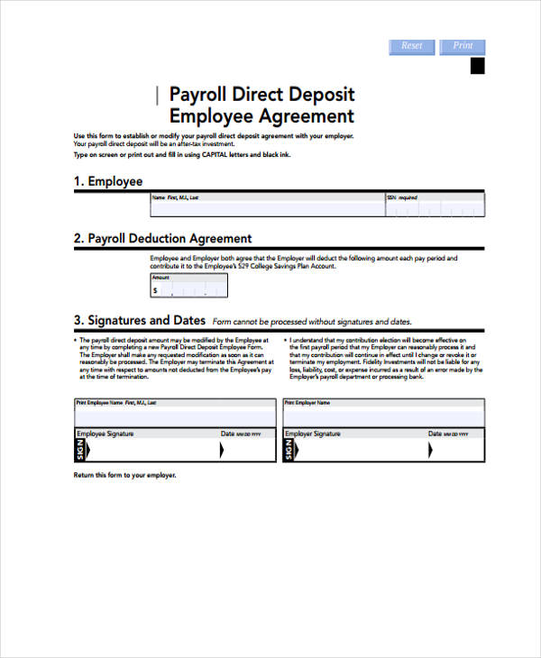 payroll direct deposit employee agreement form