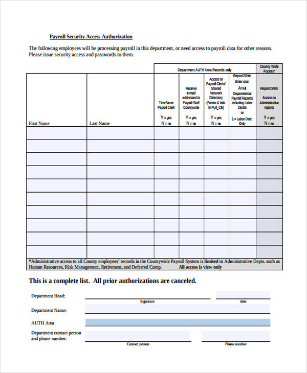 payroll security access authorization form