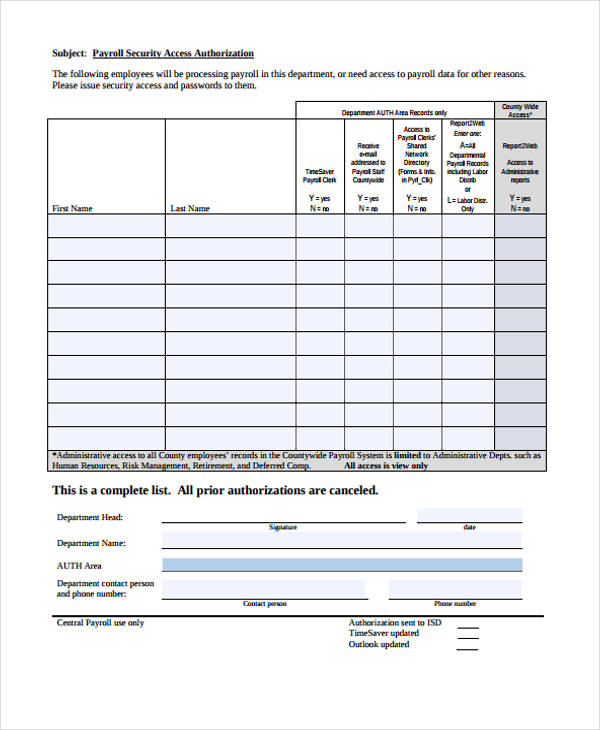 payroll security authorization form