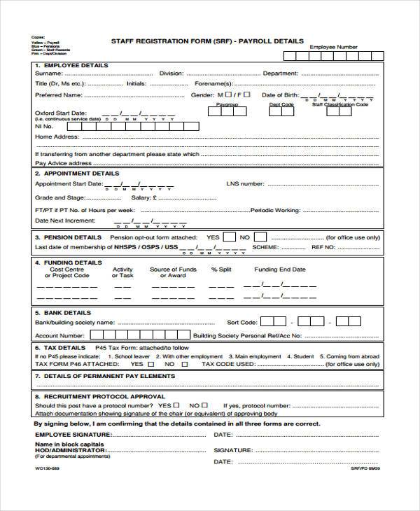 payroll and staff registration form