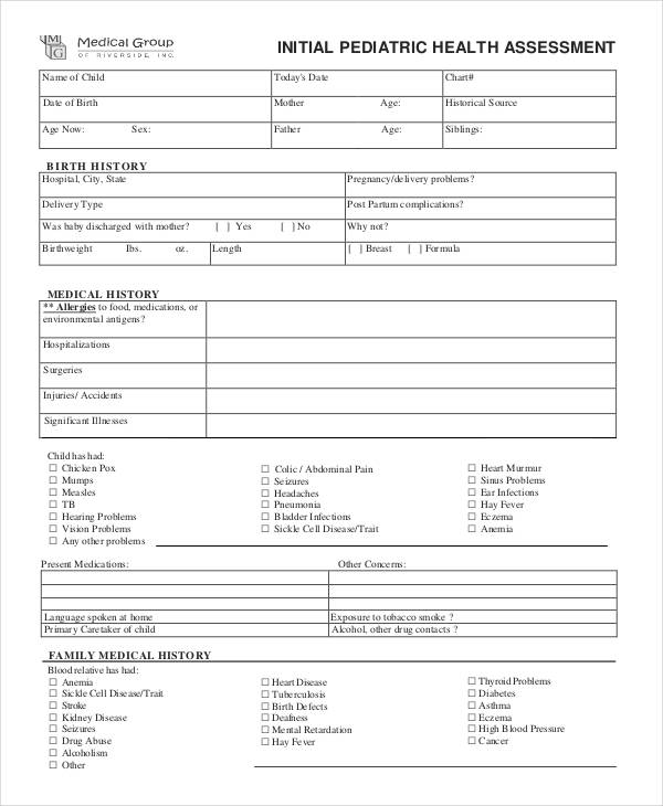 pediatric initial health assessment form