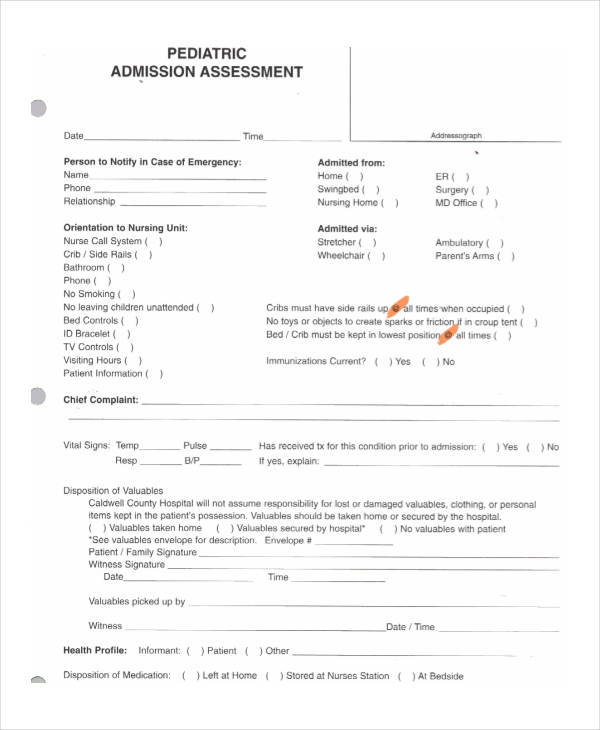 pediatric nursing admission assessment form