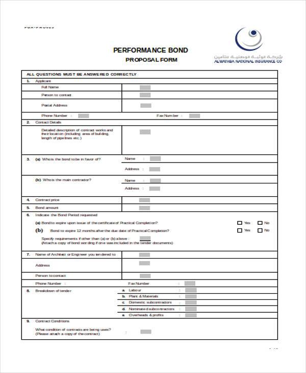 performance bond proposal form