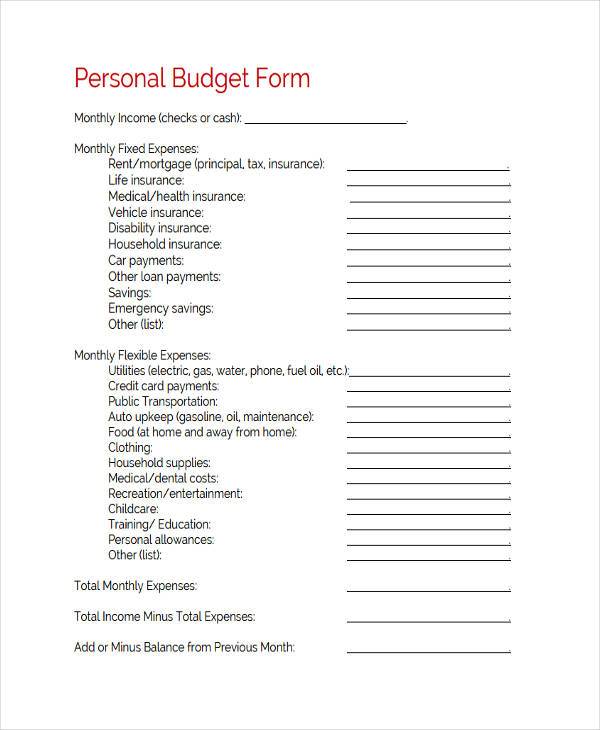 personal budget form sample
