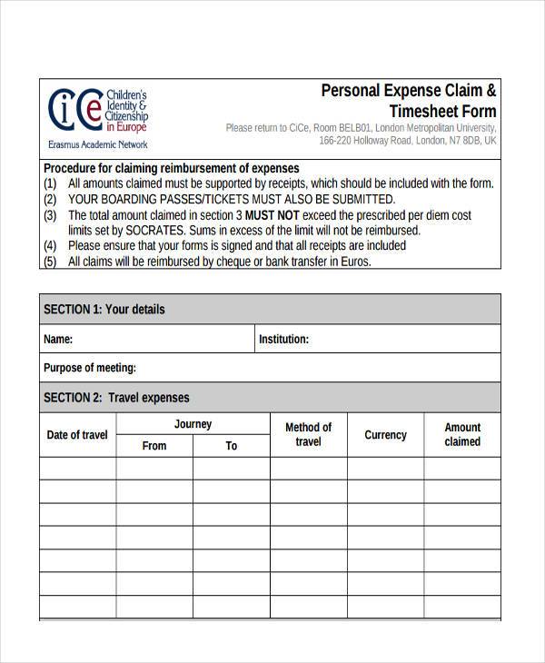 personal expense timesheet form
