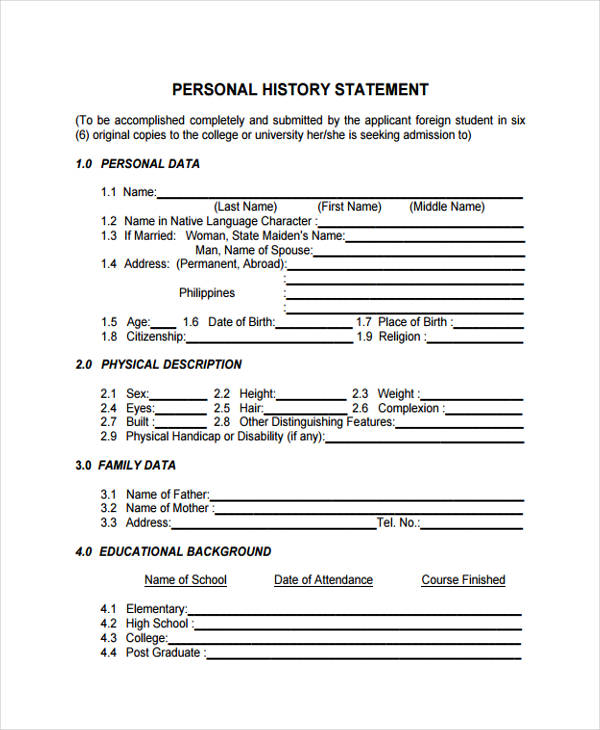 personal history statement form1