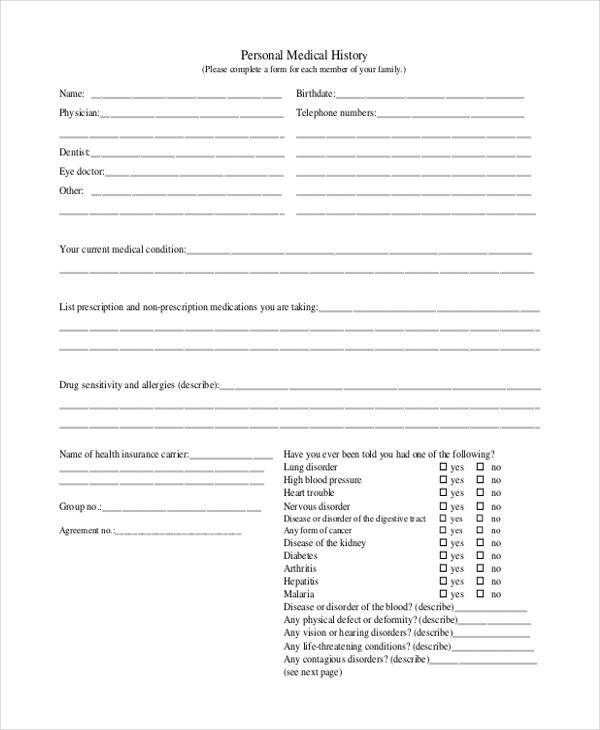 personal medical history form