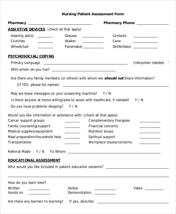 pharmacy nursing patient assessment form
