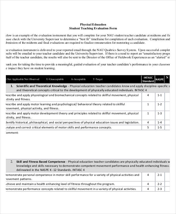 physical education teaching evaluation form