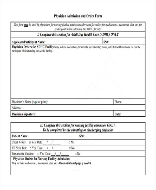 physician admission order form