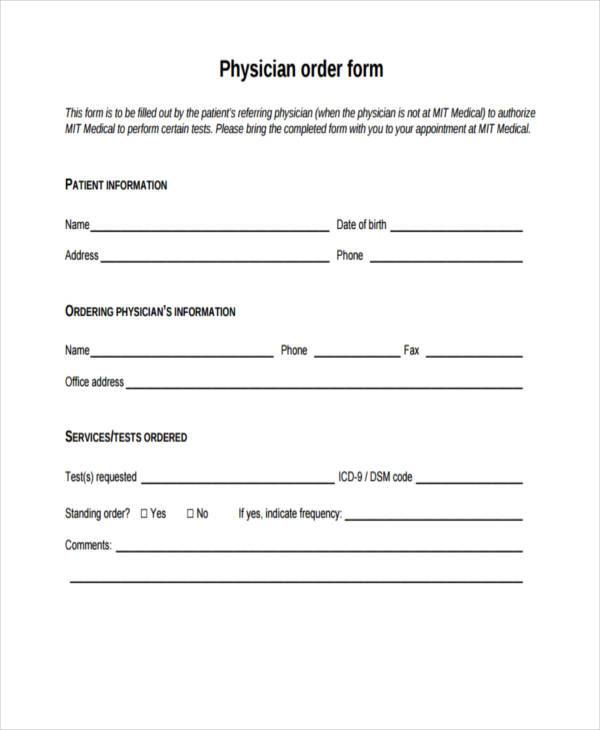 Printable Blank Physician Order Form