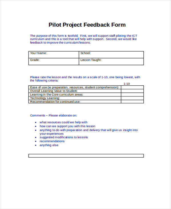 pilot student project feedback form