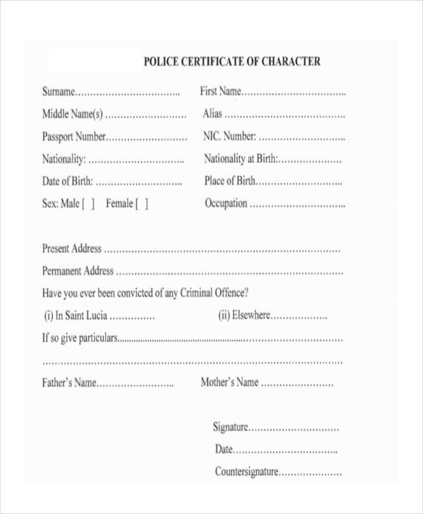 police character certificate form