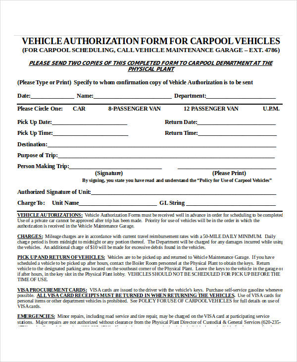 pool vehicle authorization form in doc